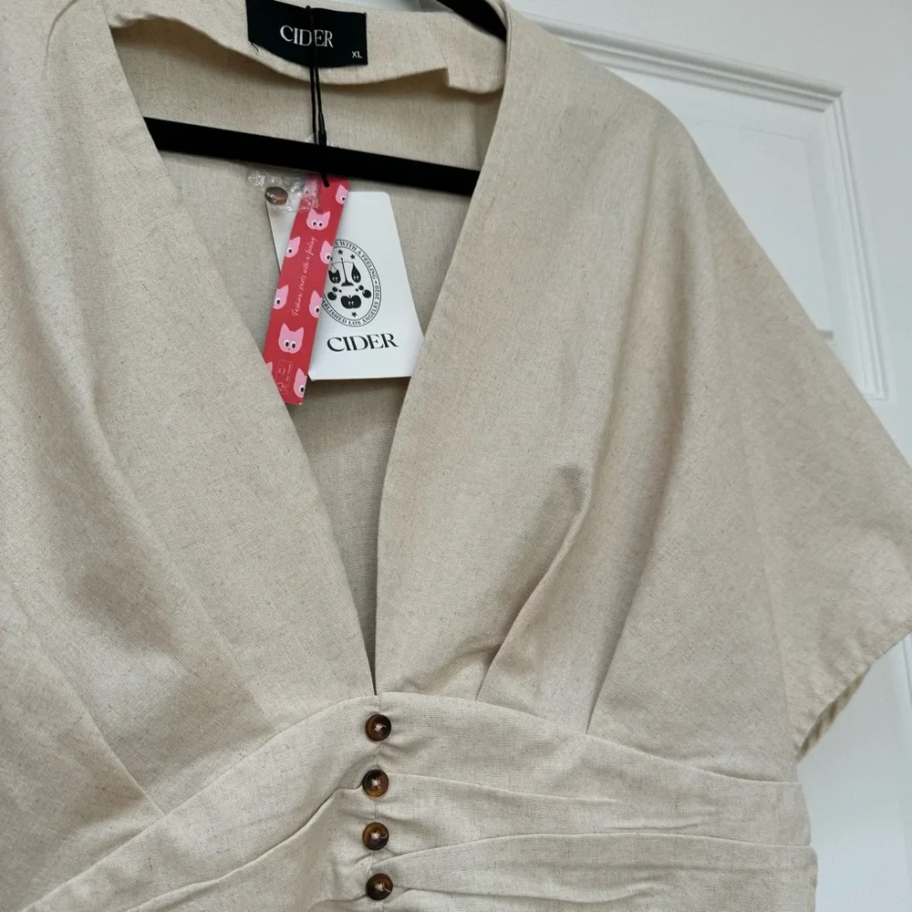 Linen Blend Ruffle Ruched Midi Dress - Picture 2 of 5